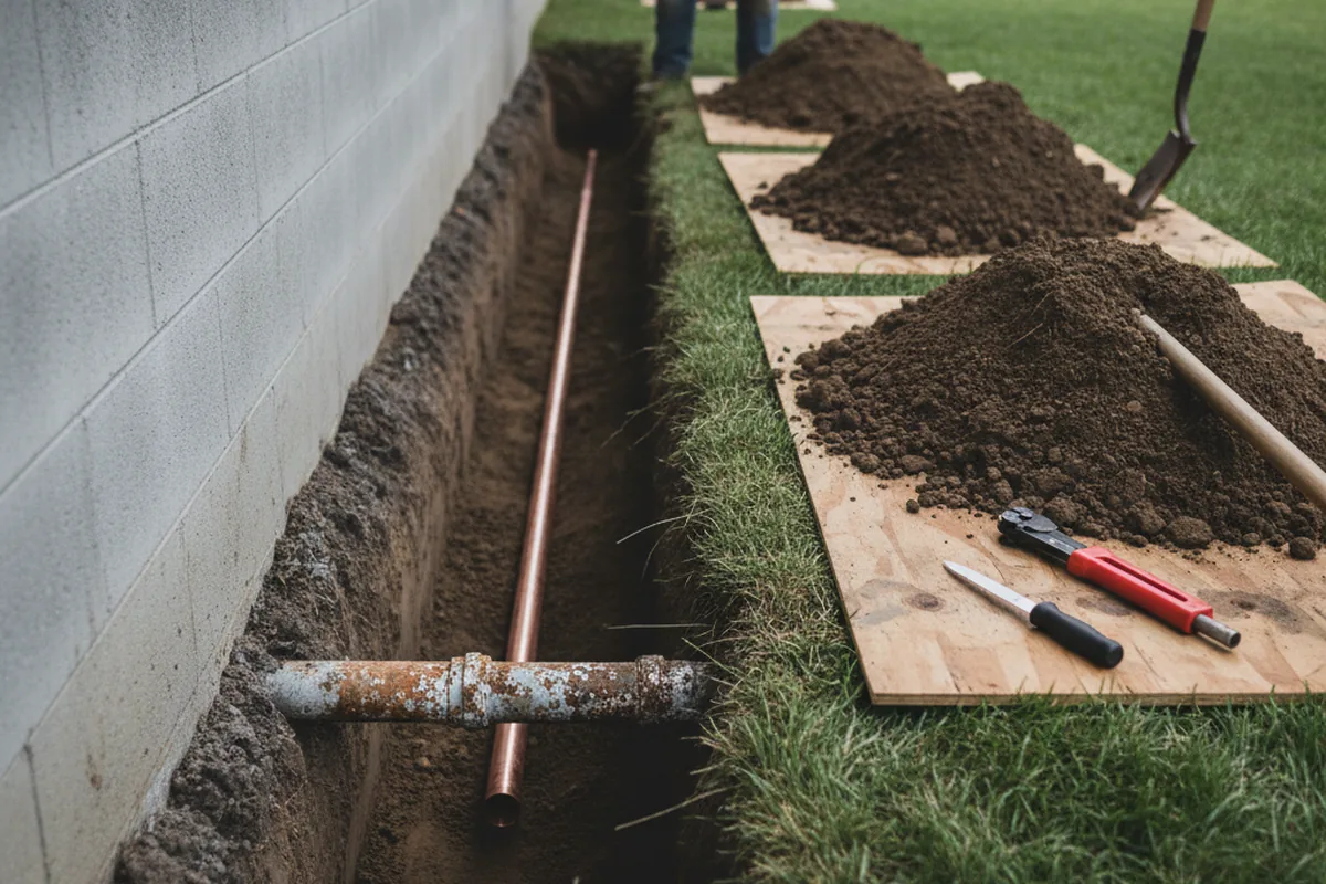 Excavated water line trench during Sewer Line Repair in Tarrs